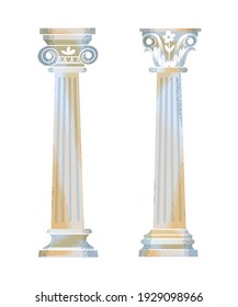 Two Ancient Roman or Greek column set. Decorative architecture elements for temple, cathedral, museum or building vector illustration. Antique sculpture on white background.