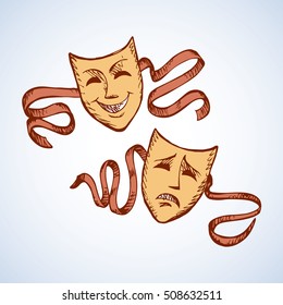Two ancient traditional greek game human masks costume isolated white background  Freehand outline ink hand drawn concept picture sign sketchy in retro artistic doodle graphic style pen paper