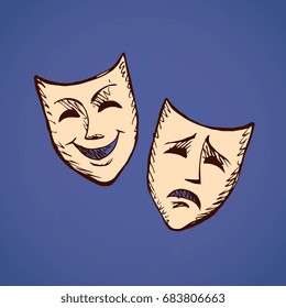 Two ancient traditional greek game human masks costume isolated on dark background. Freehand outline ink hand drawn concept picture sign sketchy in retro artistic doodle graphic style pen on paper