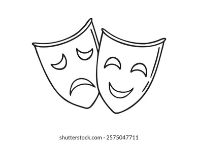 Two ancient traditional theatrical mask. greek game human masks doodle hand drawn icon. Outline drawing Comedy and tragedy mask line clipart symbol. Vector illustration