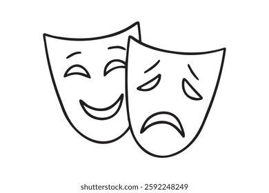 Two ancient traditional theatrical mask. greek game human masks doodle hand drawn icon. Outline drawing Comedy and tragedy mask line clipart symbol. Vector illustration