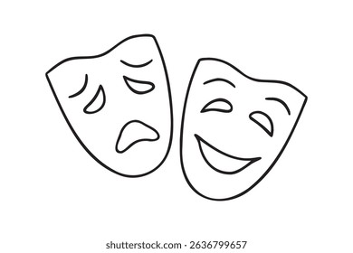Two ancient traditional theatrical mask. greek game human masks doodle hand drawn icon. Outline drawing Comedy and tragedy mask line clipart symbol. Vector illustration