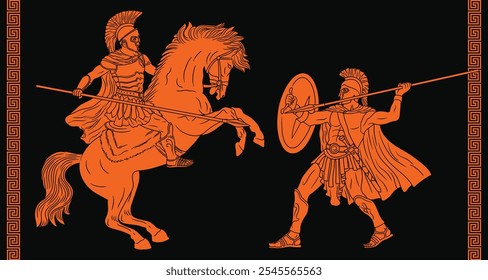 Two ancient warriors are fighting with spears. Two figures isolated on black background and meander ornament