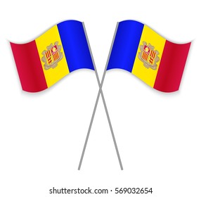 Two Andorran crossed flags. Combined Andorra isolated on white. Language learning, international business or travel concept.