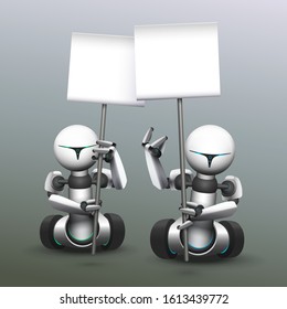Two androids on wheels are holding blank signs. Vector illustration.