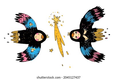 Two angel birds and a star. Hand drawing isolated objects on white background. Vector illustration.