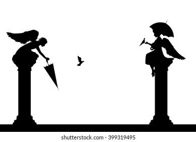 two angel statues silhouette with pigeons, statue of angel drives out the pigeon, one day from statue life, black and white vector