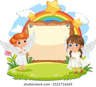 Dos niños angelicales con un telón de fondo del arco iris