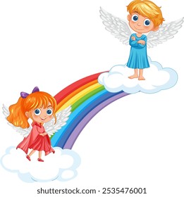 Two angelic children standing on clouds and rainbow