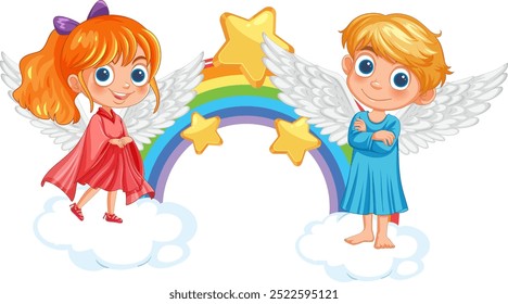 Dos niños angelicales con alas y un arco iris