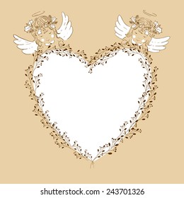 Two angels babies. Heart frame. Retro background. Vintage. Vector. Valentine's day.