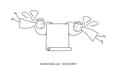 Two angels fly and carry a banner. Simple vector minimalistic doodle illustration.