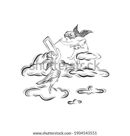 Two angels in heaven. Linear graphic drawing of cupids