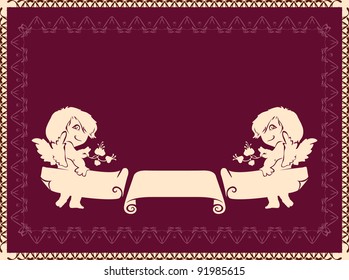 two angels holding a sheet of paper. Decorative openwork border.