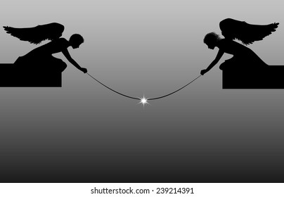 two angels holding the star on the 	string,  shadows, black and white, vector, Christmas fantasy