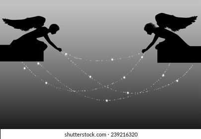 two angels holding the star swag, decorate the sky shadows, black and white, vector, Christmas fantasy 