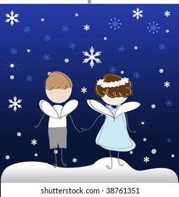 Two angels looking to snowflakes. Vector illustration for greeting card.