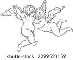 two angels love kiss vector line