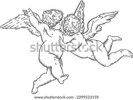 two angels love kiss vector line