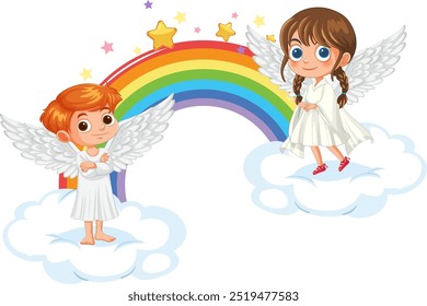 Two angels on clouds with rainbow and stars