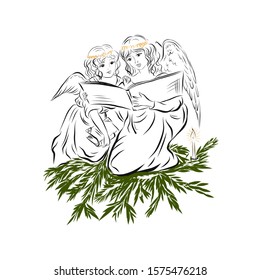 Two angels read Bible book sitting on spruce branch. Biblical heavenly symbol of man with wings. Decor for greeting retro cards for Christmas, Easter and other religious holidays. 