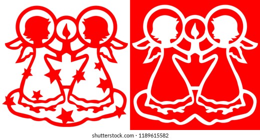 Two Angels silhouette keep the flame of a candle in their hands on the red background. Christmas card. A template for laser cutting. Design elements for holiday cards. Plotter cutting.  Stencil.