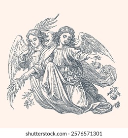 Two angels are sitting on a white background. One of them is holding a flower. The other angel is holding a fruit.