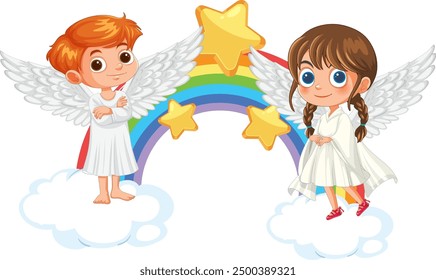Two angels standing on clouds with rainbow