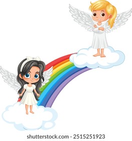 Two angels standing on clouds and rainbow