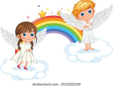 Two angels standing on clouds with rainbow