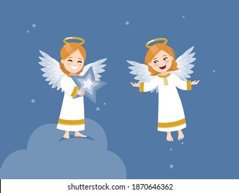 Two angels with a star and flying in the sky with stars. Vector illustration