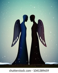 two angels, together forever, futuristic angels icon, contemporary art  sculpture, vector