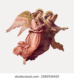 Two angels with wings and halos, wearing flowing robes. The angels, with wings and halos, are depicted in a classical style, showcasing their serene presence. Vintage art illustration, vector.