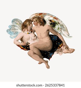 Two angels with wings, one with brown hair, the other with blonde hair, depicted in a classical style. The angels are in a gentle embrace, wings spread. Vintage character art illustration vector.