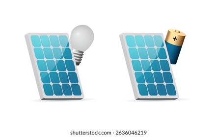 Two angled solar panels, one powering a light bulb and the other charging a battery, symbolizing renewable energy and sustainable power generation