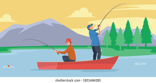 Two anglers are in the middle of the lake using a raft to fishing with a beautiful mountain background