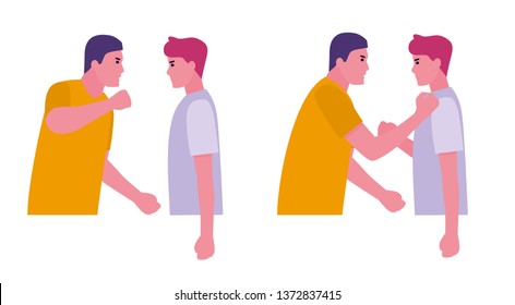 Two angry boys or roommates arguing and threatening. White background. school bullying. Vector illustration in a flat cartoon style