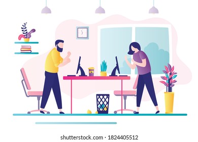 Two angry business workers are in conflict. Stress and emotions management at work. Conflict situation in office between employees. Office interior, workplace. Trendy flat vector illustration