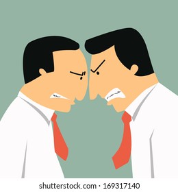 Two angry businessmen head butting in business concept in conflict and confrontation. 