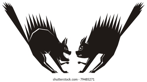 Two angry cats mirroring each other - black and white vector cartoon illustration