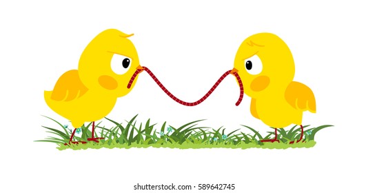 Two angry chicks fighting for a worm, vector illustration