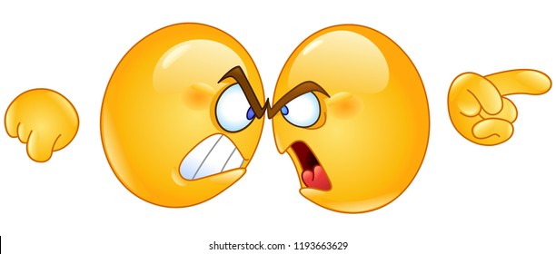 Two angry emoticons arguing with forehead against other