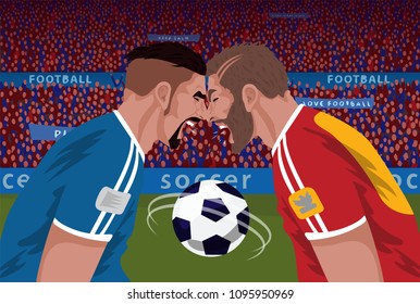 Two angry football opponents leaning their foreheads in stadium. Battle of screaming soccer players in championship. Realistic style. Vector illustration