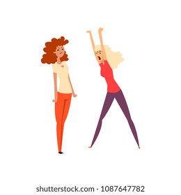 Two angry girls arguing with each other, girls quarreling and swearing vector Illustration on a white background