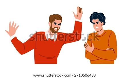 Two angry men expressing strong negative emotions during a verbal conflict, with one gesturing defensively and the other listening resentfully, symbolizing disagreement and dispute