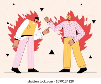Two angry men shouting at each other. Aggressive guys burning with anger and conflicting. Vector character illustration of expression of negative emotions, toxic communication, hard conversation