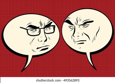 Two angry men talking. Comic bubble smiley face, pop art retro vector illustration. Human emotions