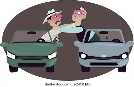 Two angry motorists strangling each other, leaning out of their cars, vector cartoon, no transparencies, EPS 8