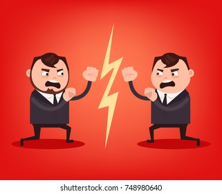 Two Angry Office Workers Character Quarrel And Fight. Teamwork Concept. Vector Flat Cartoon Illustration