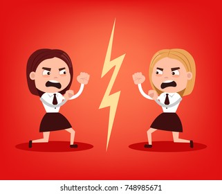 Two angry office workers woman character quarrel and fight. Teamwork concept. Vector flat cartoon illustration